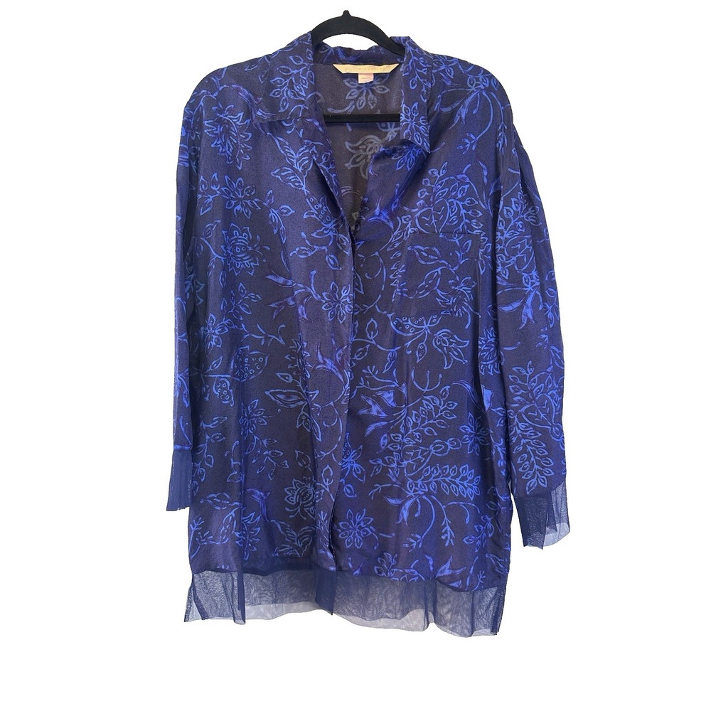 Victorias‎ Secret Silk Pajama Sleep Shirt Button Collard Mesh Trim Blue Large